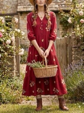 Cactus + Pearl Burgundy Floral Tiered Midi Dress Boho Button Front XL NWT